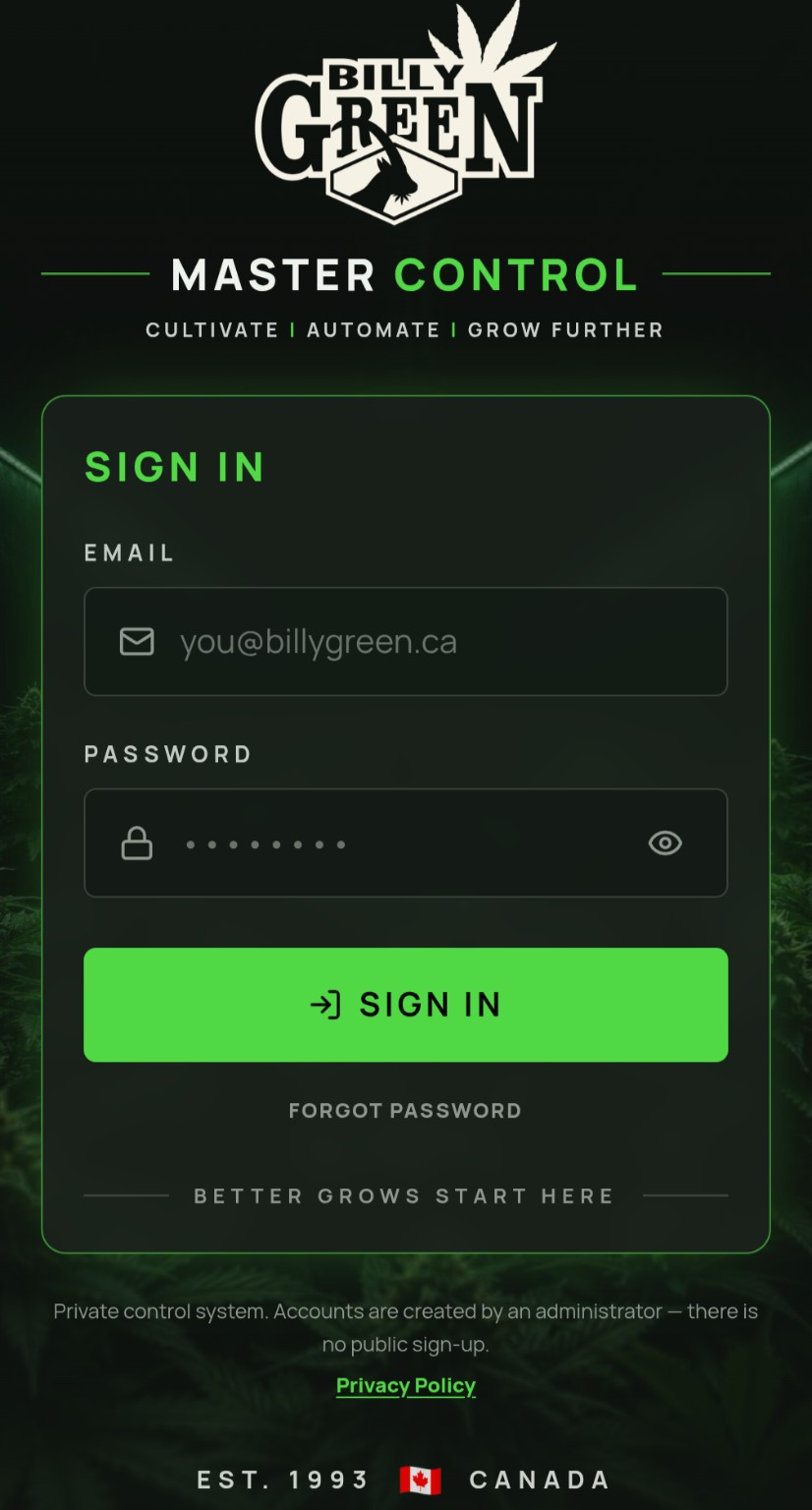 Billy Green Master Control sign-in screen