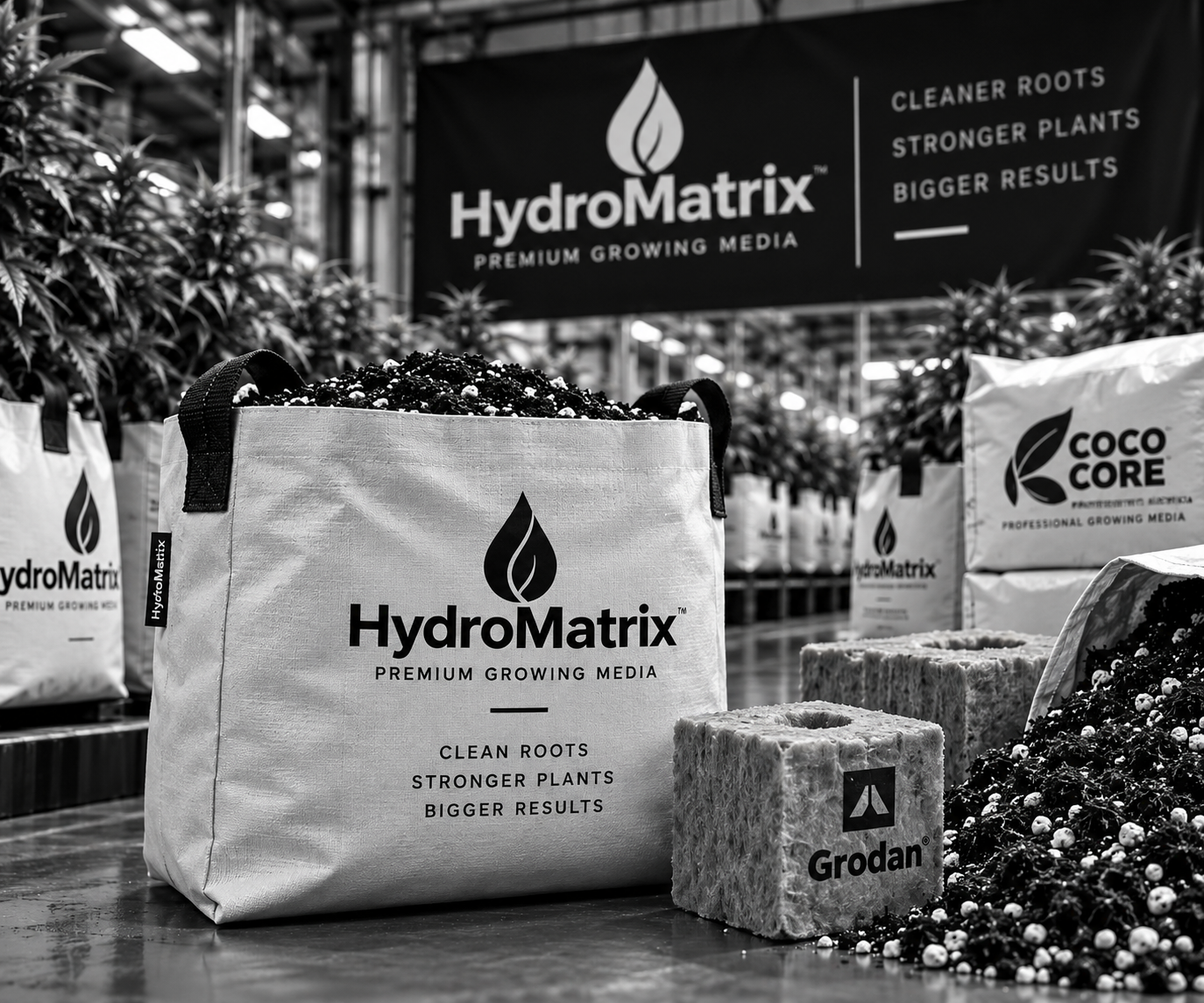 HydroMatrix growing media bag alongside other substrate products