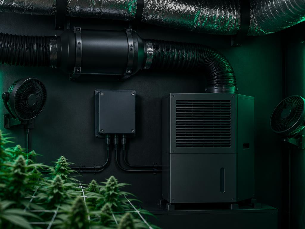 In-line duct fan, controller enclosure, dehumidifier and circulation fans mounted in a dark grow room