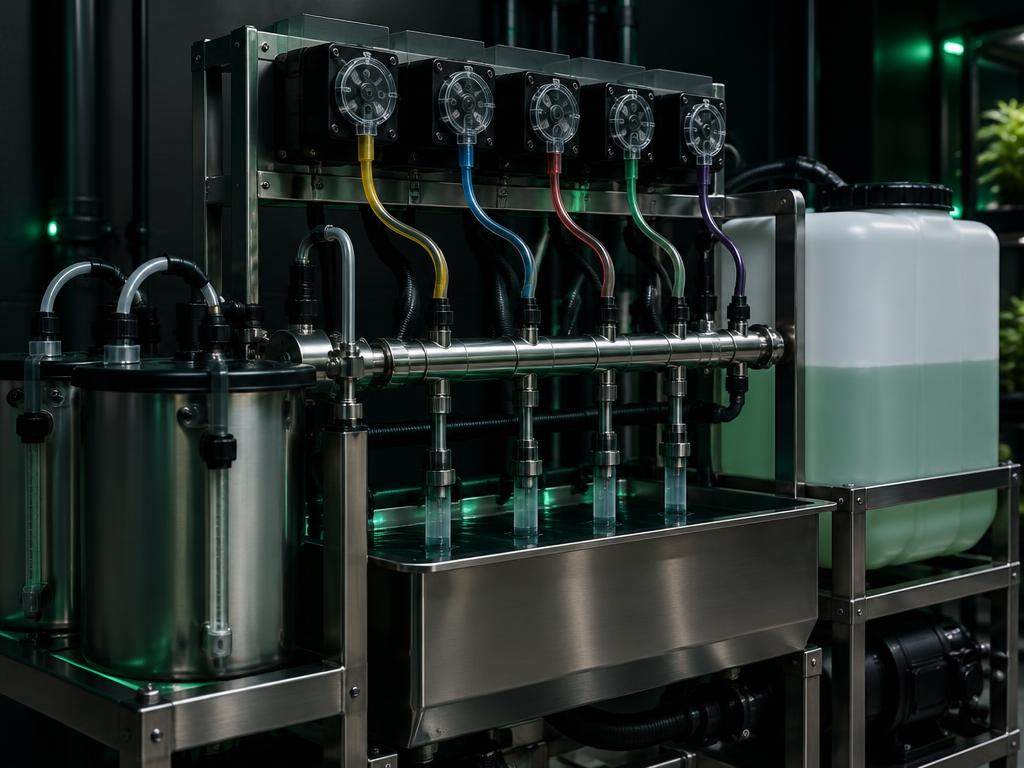 Peristaltic dosing pumps, injection manifold and mixing tanks on a stainless fertigation frame