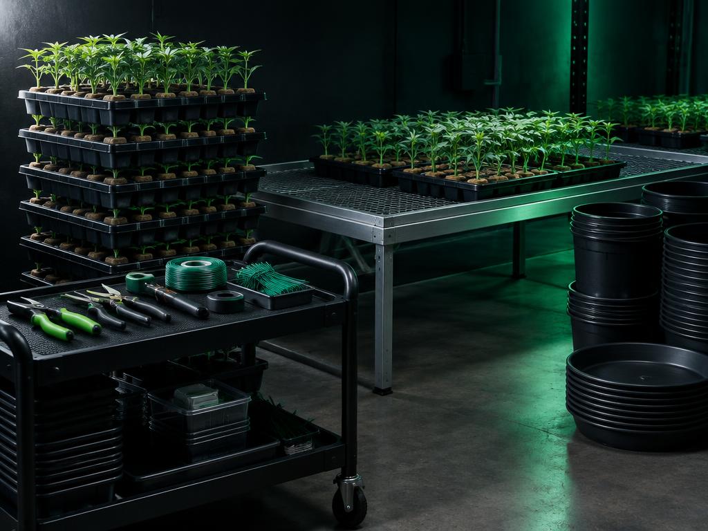 Propagation trays with young clones, mesh benches, tools and stacked pots in a dark facility