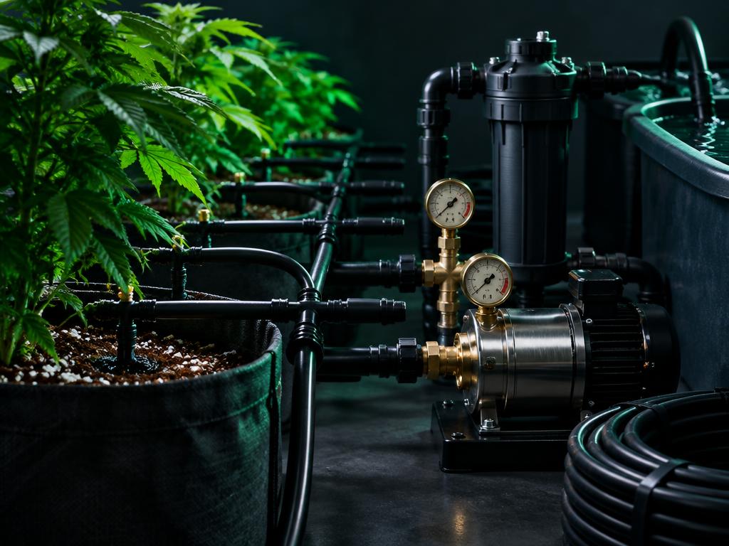 Drip irrigation lines, pump, gauges and filtration components in a dark cultivation facility