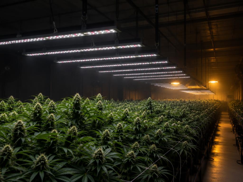 Rows of hanging LED horticultural light bars above a canopy in a dark commercial facility