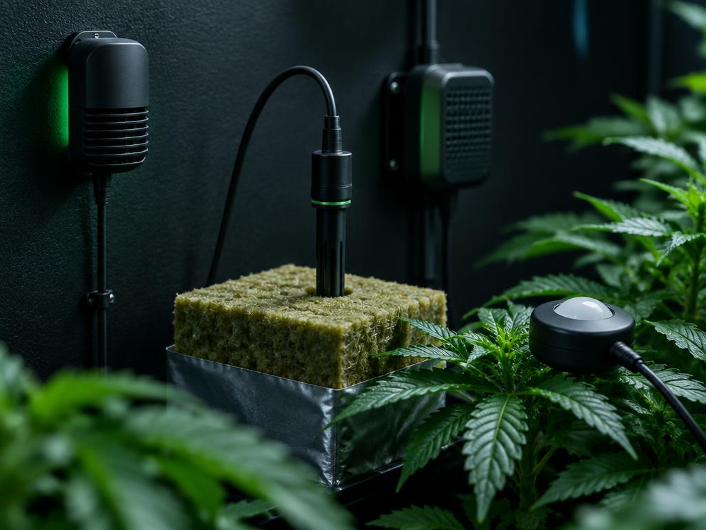 Substrate probe, environmental sensor pod and light sensor installed among plants in a dark grow room