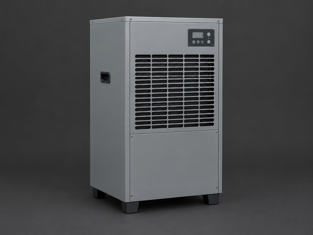 Commercial dehumidifier unit with steel cabinet and control panel on a dark studio background