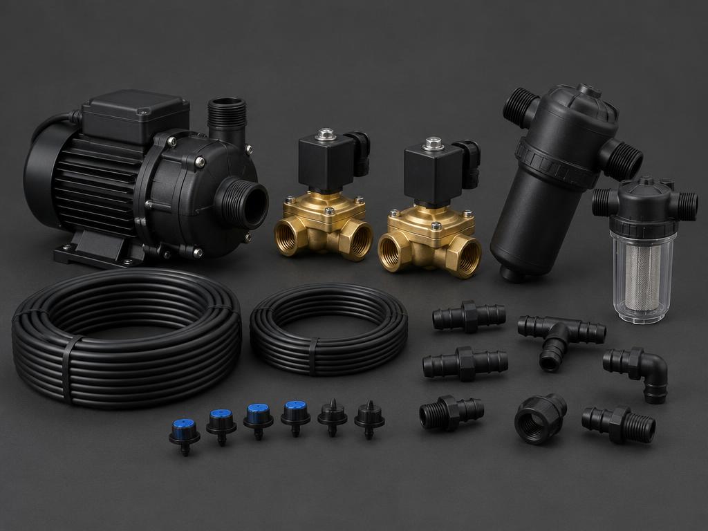 Water pump, solenoid valves, inline filter, fittings and drip tubing arranged on a dark studio background