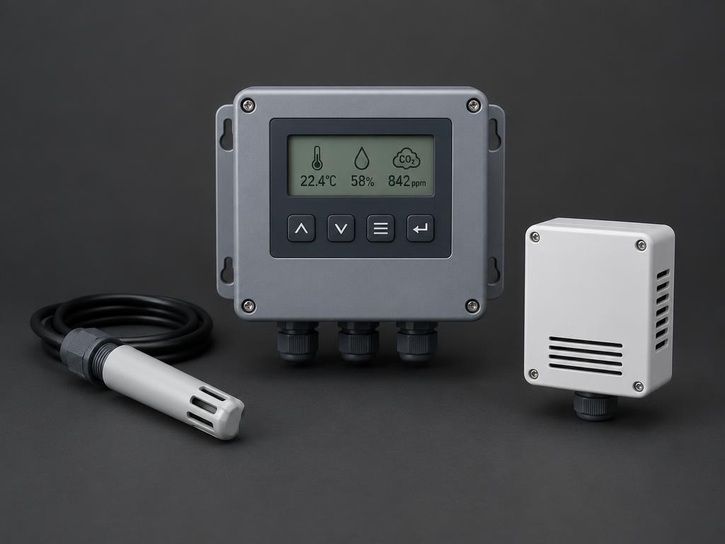 Environmental control panel with a temperature and humidity sensor probe and a CO2 sensor on a dark studio background