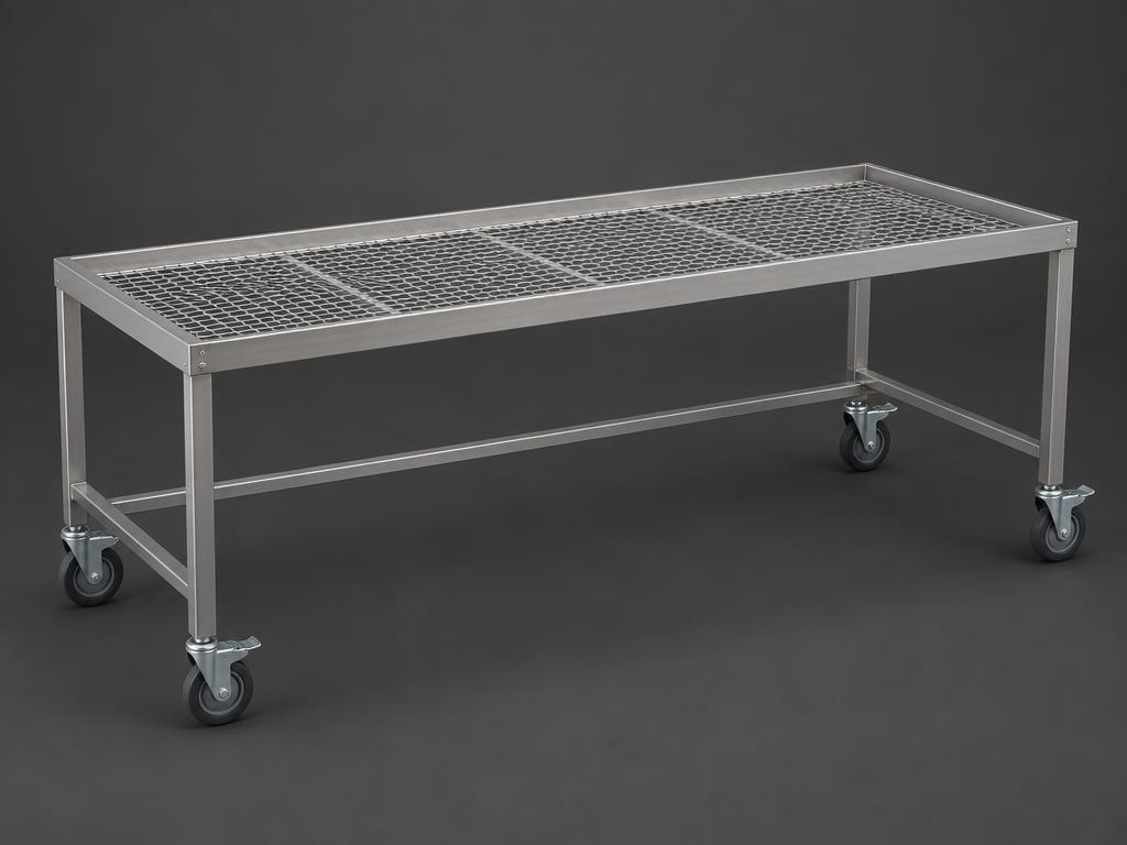 Empty commercial metal rolling bench table with casters on a dark studio background