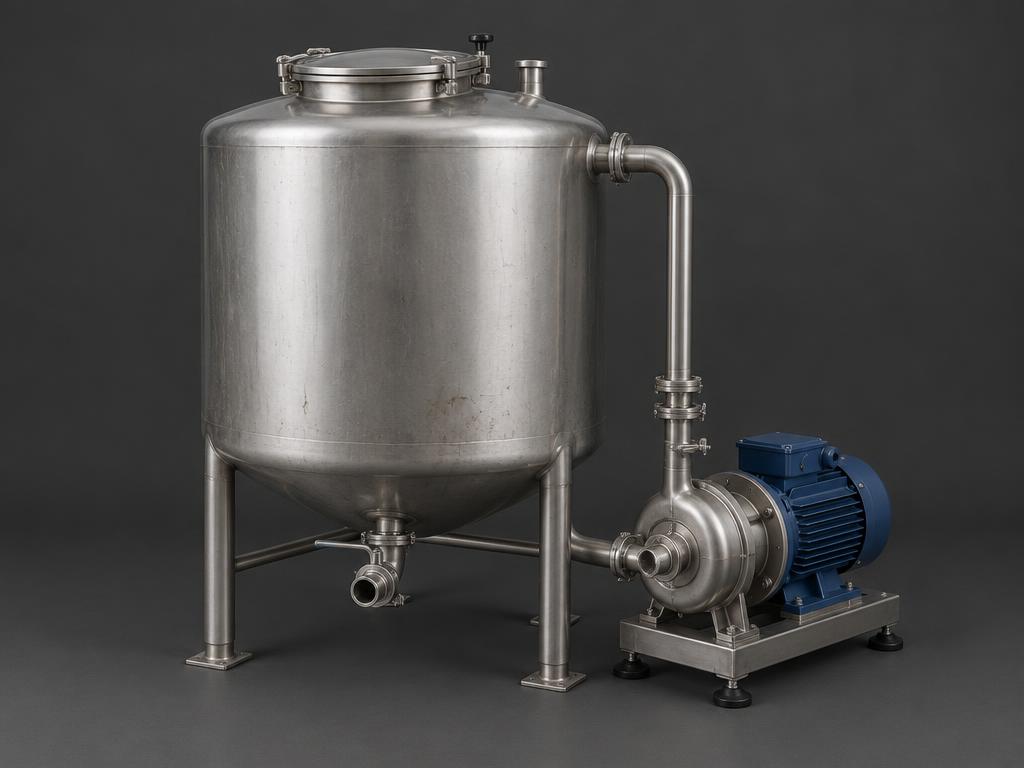 Stainless steel mixing tank with a mounted pump on a dark studio background